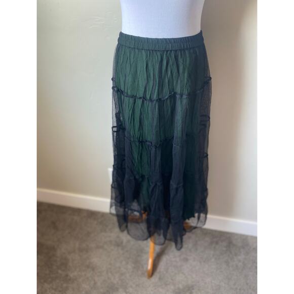 Sterling Styles Pull On Green w/ Black Tulle Witchy Boho Whimsical Midi Skirt - Picture 2 of 7